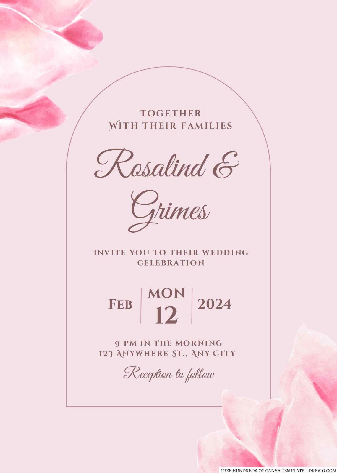 Free Editable Cream Pink Floral Watercolor Wedding Invitation
