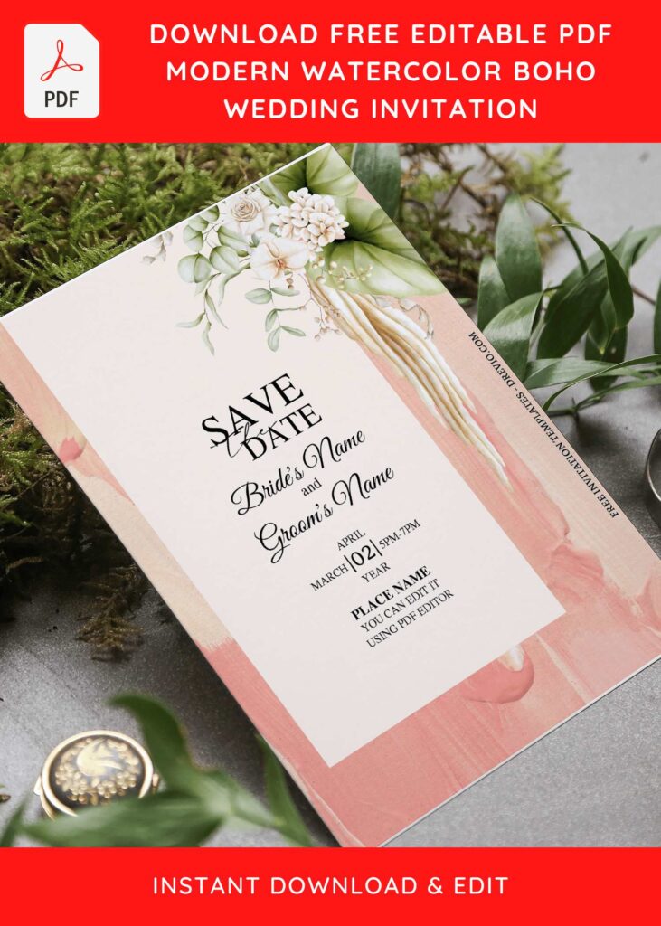 (Free Editable PDF) Modern Bohemian Greenery Wedding Invitation Templates with aesthetic rose