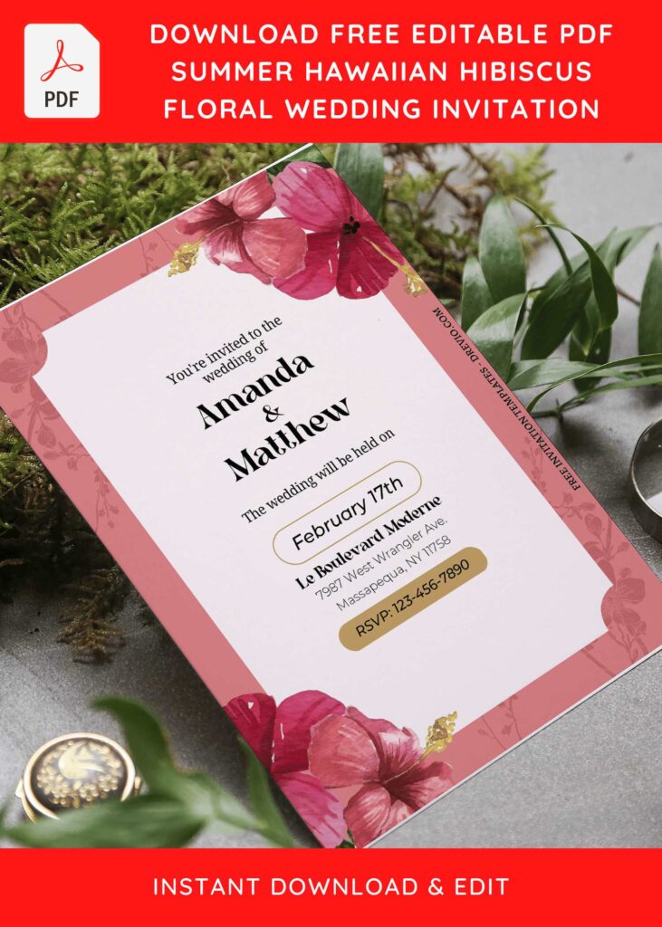 (Free Editable PDF) Watercolor Hibiscus Summer Wedding Invitation Templates with aesthetic watercolor flowers