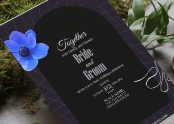 (Free Editable PDF) Magic Garden Wedding Invitation Templates with aesthetic blue thistle anemone flowers