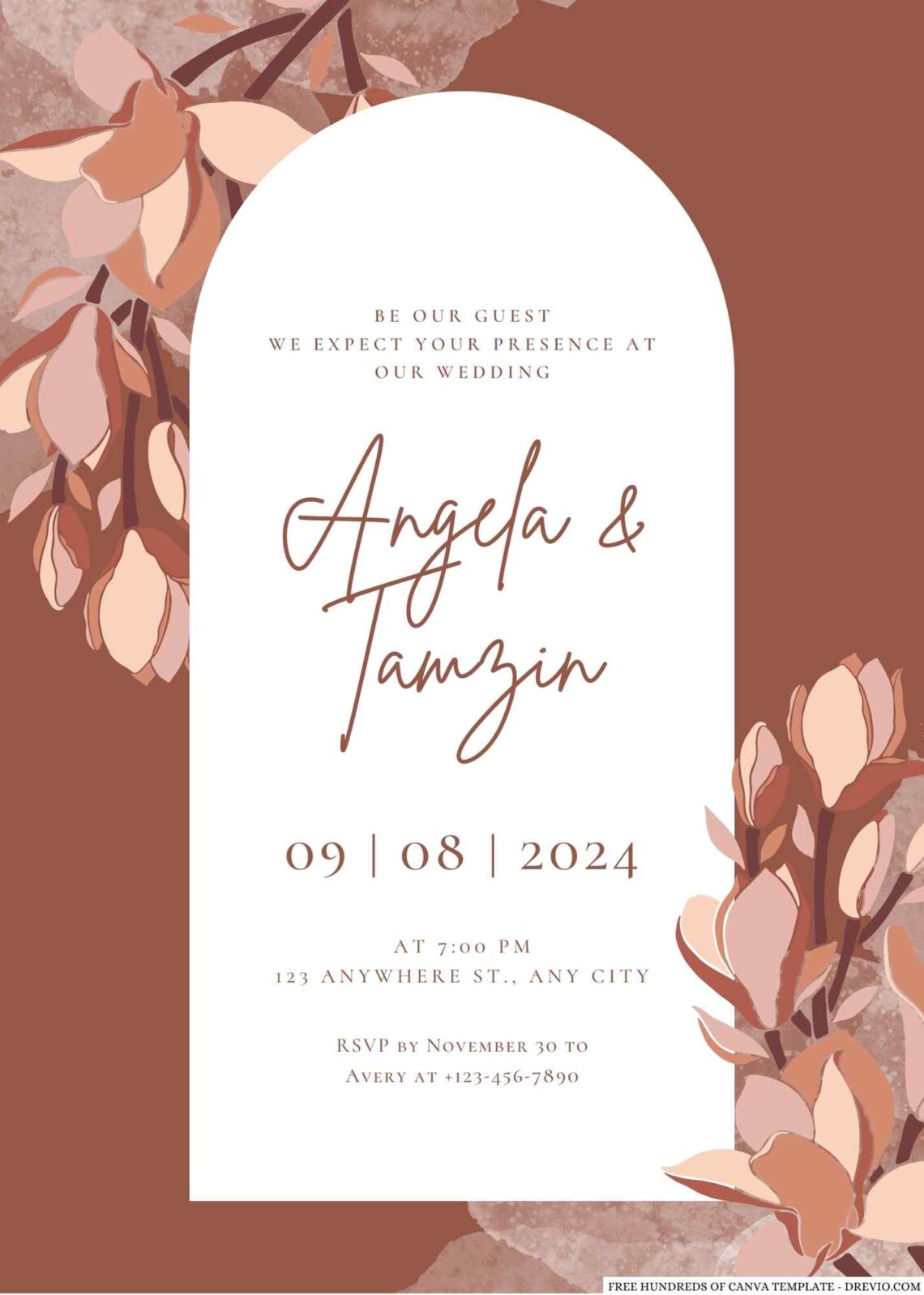 Free Editable Terracotta Magnolia Floral Wedding Invitation Templates