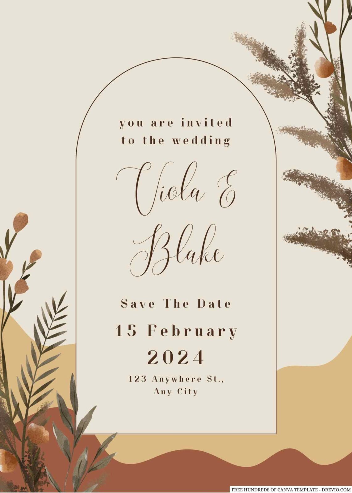 Free Editable Terracotta Watercolor Leaves Wreath Wedding Invitation