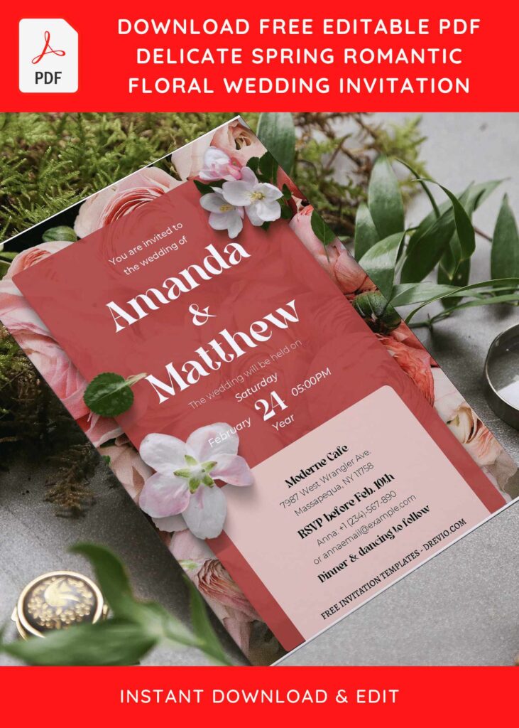 (Free Editable PDF) Delicate Spring Romantic Wedding Invitation Templates with beautiful white flower petals