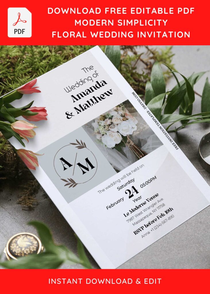 (Free Editable PDF) Floral Statement Wedding Invitation Templates with pristine white background
