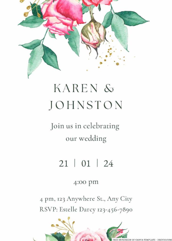 Free Editable Watercolor Rose Bud Flower Wedding Invitation