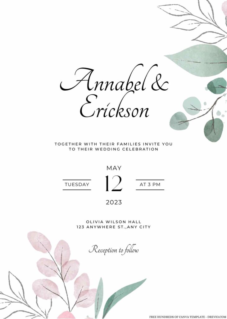 Invitation Template of 16+ Watercolor Pink Floral Leaves Canva Wedding Invitation Templates 12