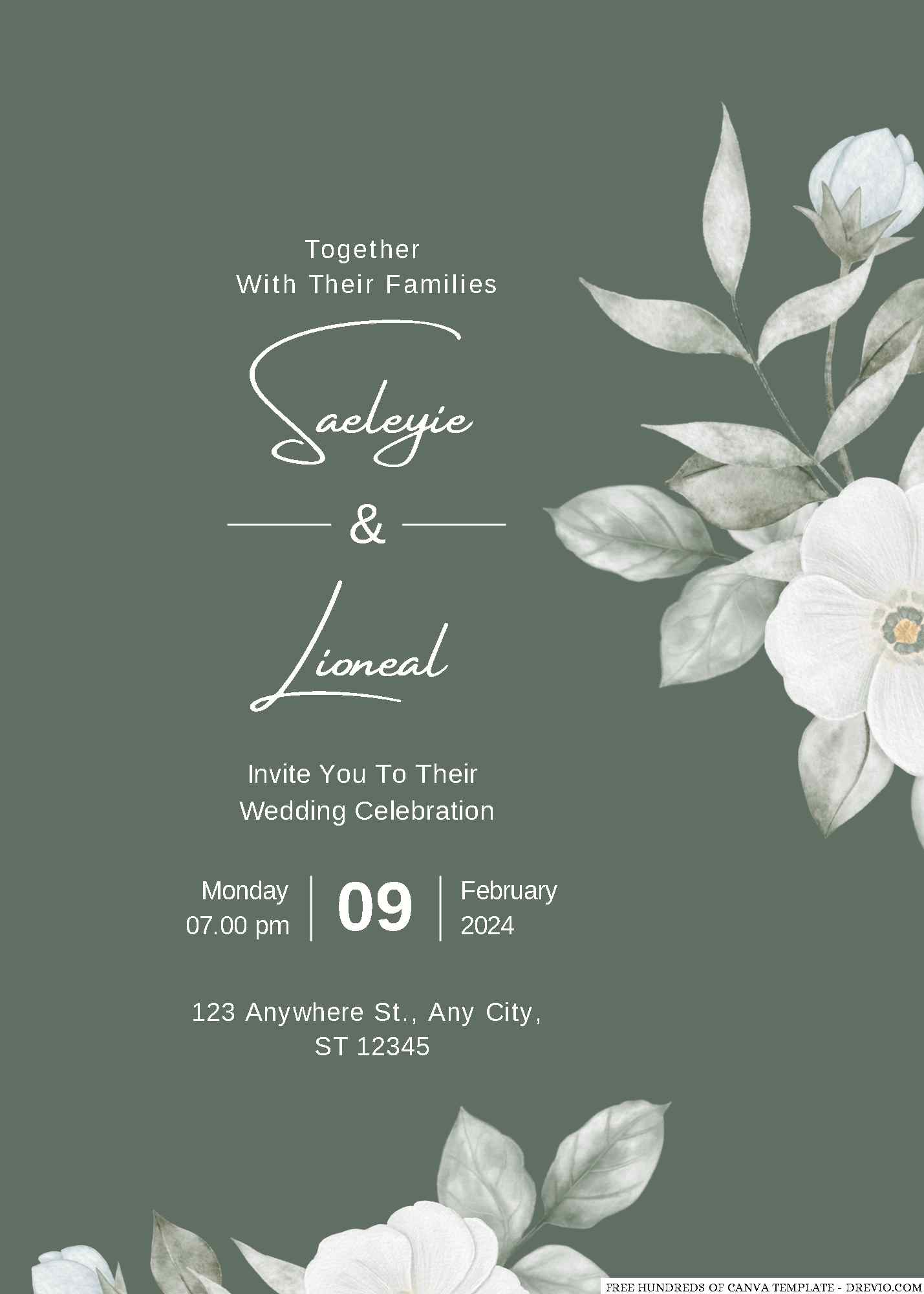 Free Editable Sage Green And White Floral Wedding Invitation Download 