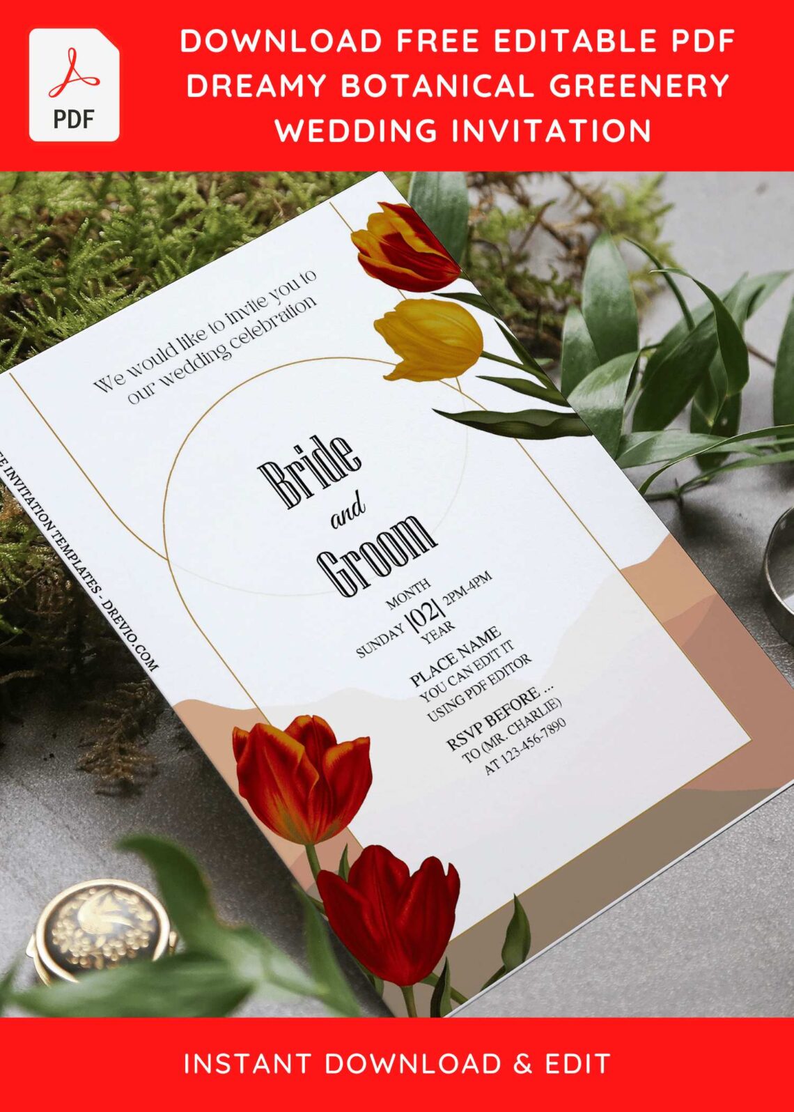(Free Editable PDF) Luscious Garden Floral Wedding Invitation Templates with Romantic Tulip