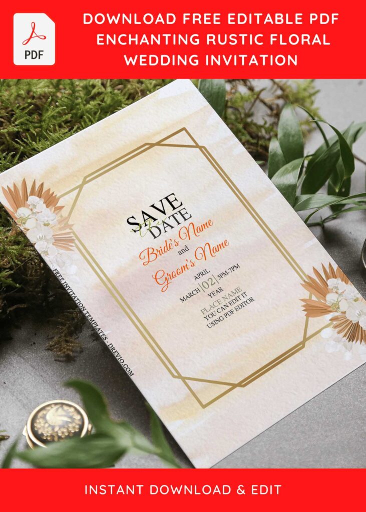 (Free Editable PDF) Refined Rustic Gold Boho Wedding Invitation Templates  with greenery foliage