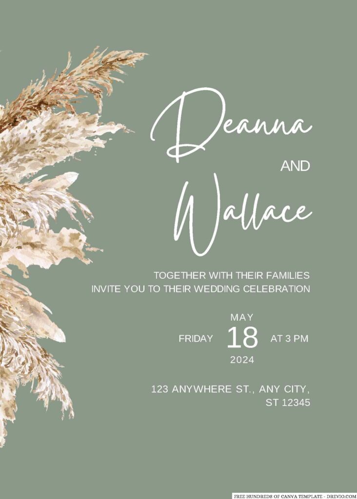 Invitation Template of 20+ Sage Watercolor Pampas Grass Canva Wedding Invitation Templates 5