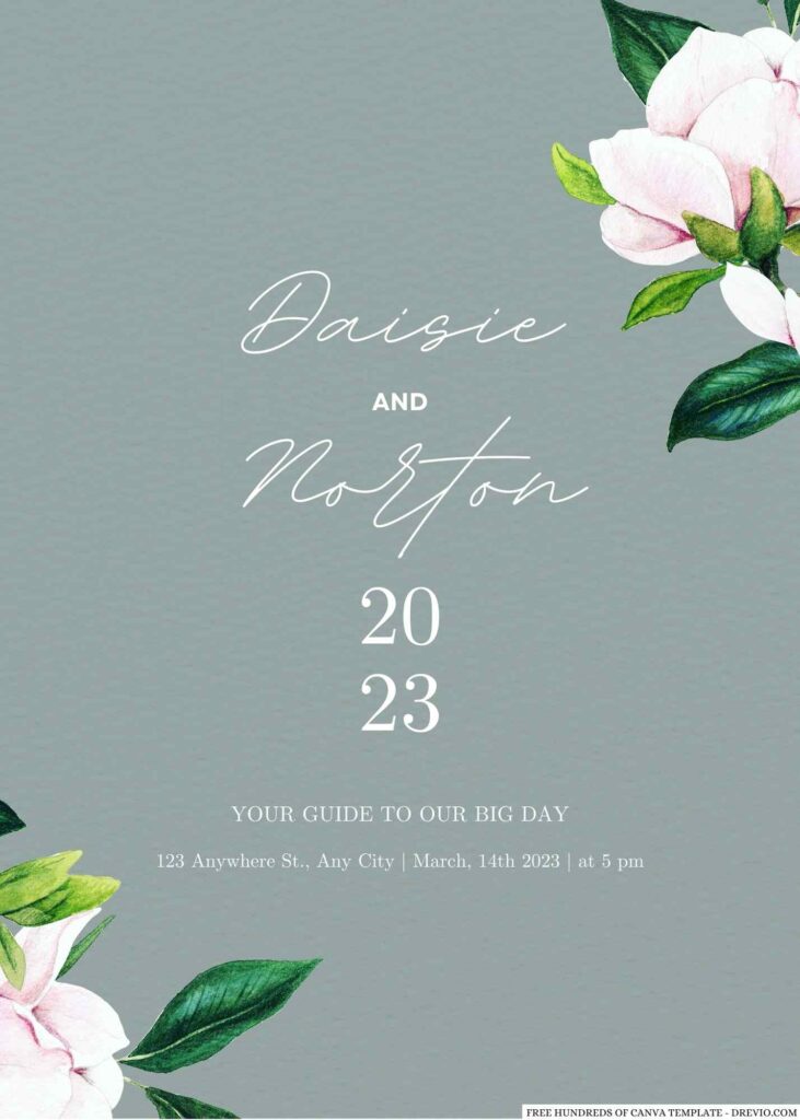 Invitation Template of 20+ Sage Watercolor Magnolia Flower Canva Wedding Invitation Templates 5