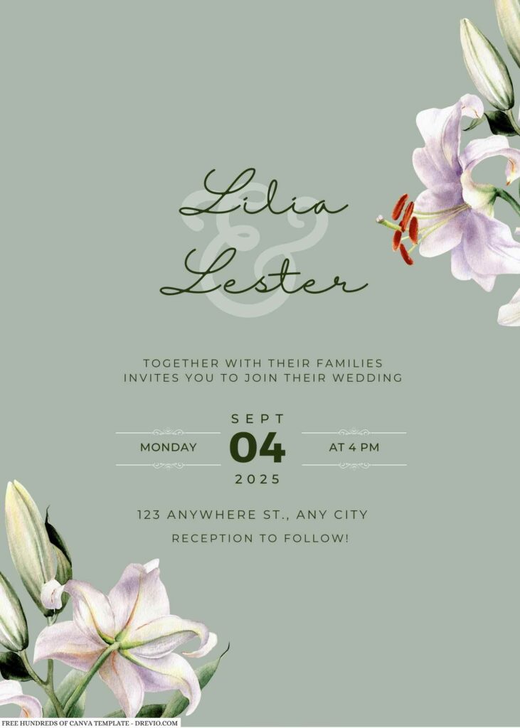 Invitation Template of 20+ Sage Watercolor Lily Flower Canva Wedding Invitation Templates 5