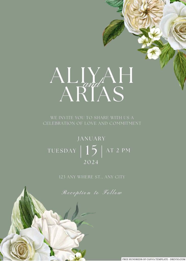 Invitation Template of 22+ Sage White Rose Bouquet Canva Wedding Invitation Templates 5