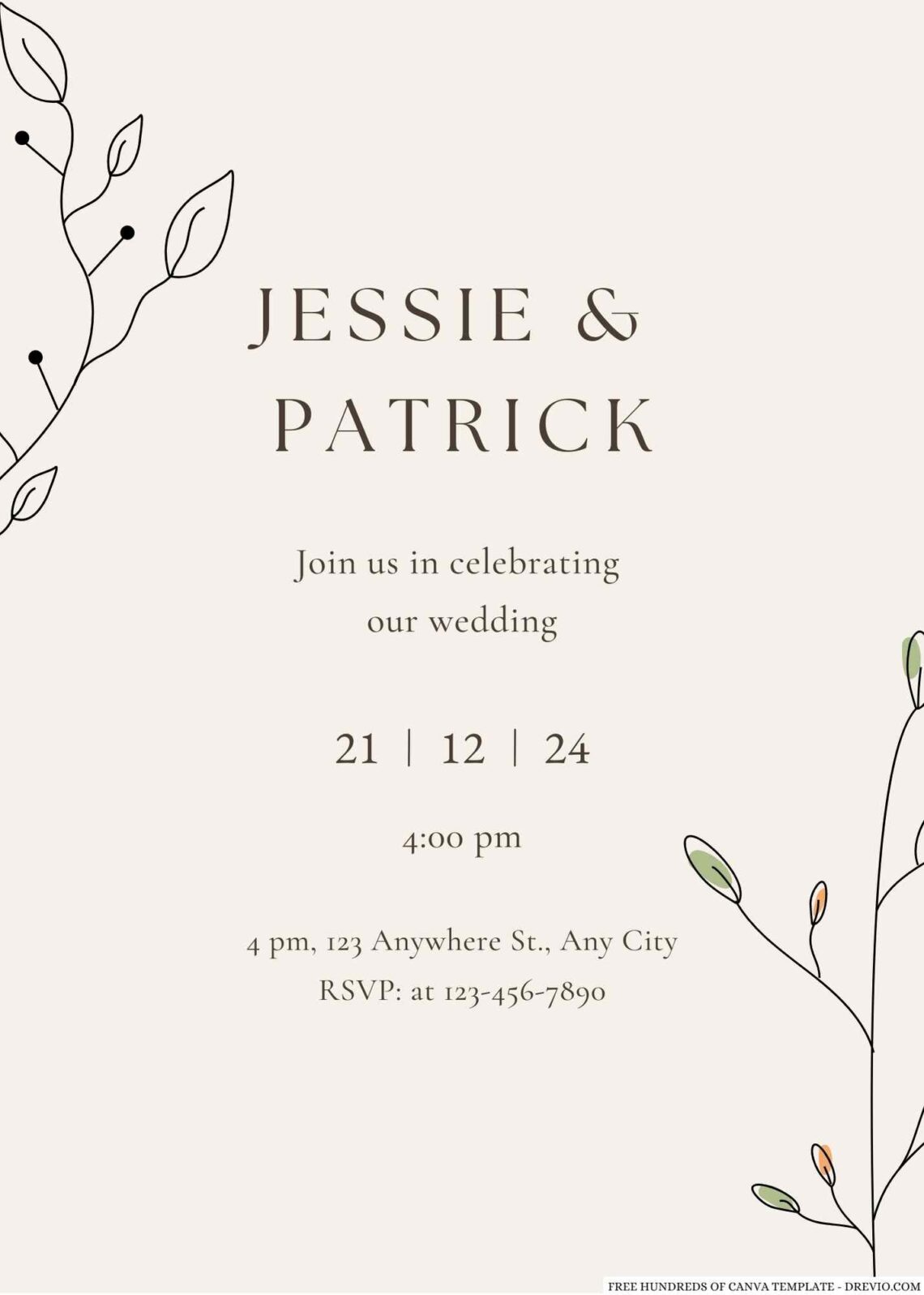 Free Editable Cream Floral Line Wedding Invitation