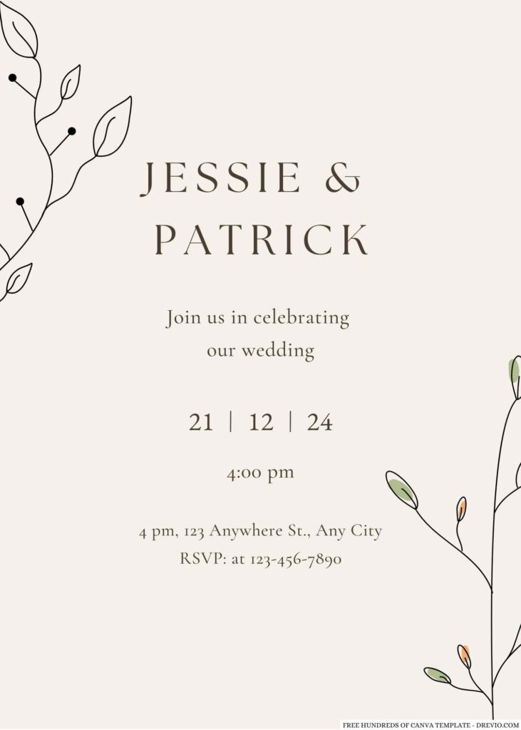 Free Editable Cream Floral Line Wedding Invitation