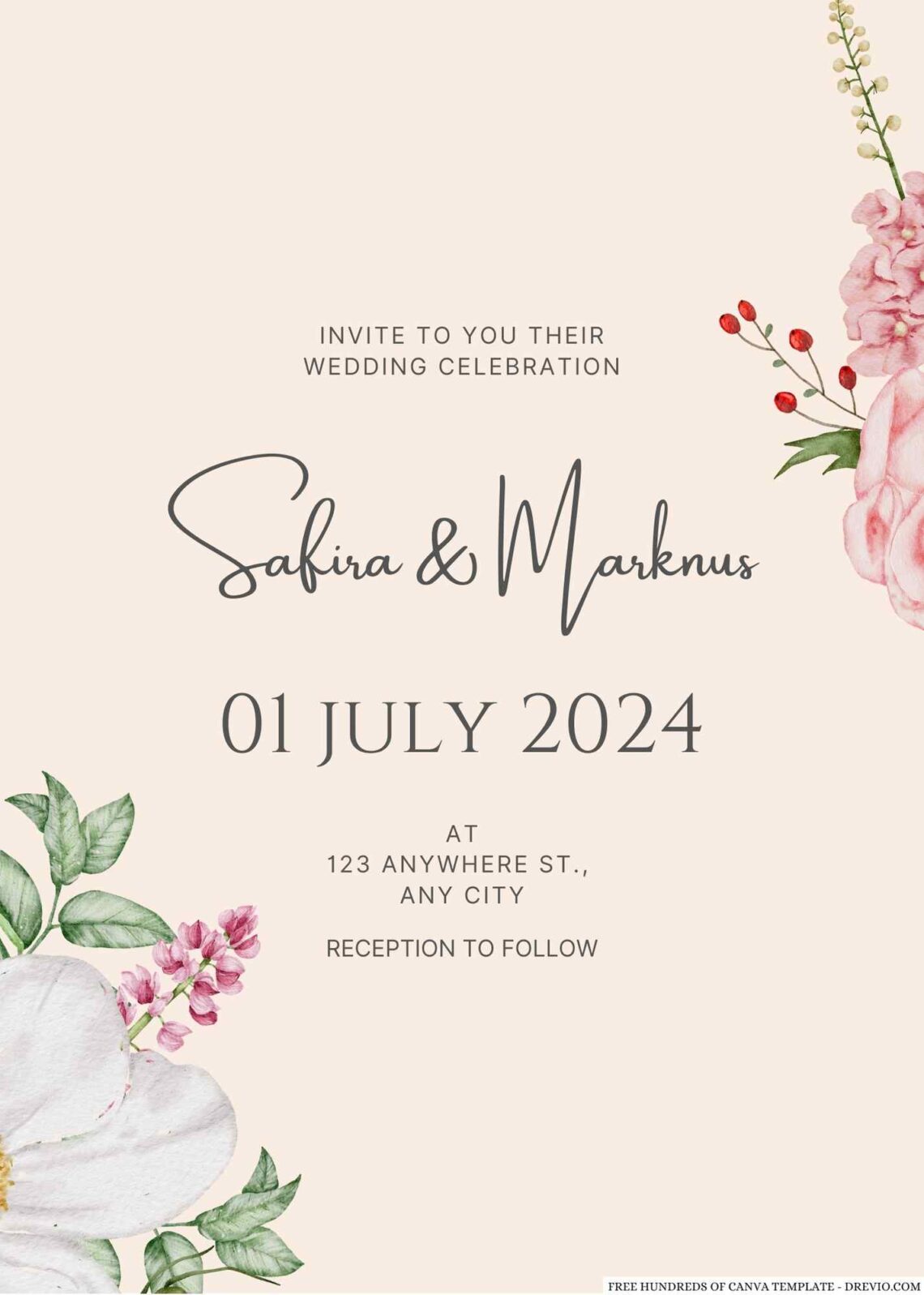 Free Editable Cream Pink White Flower Wedding Invitation