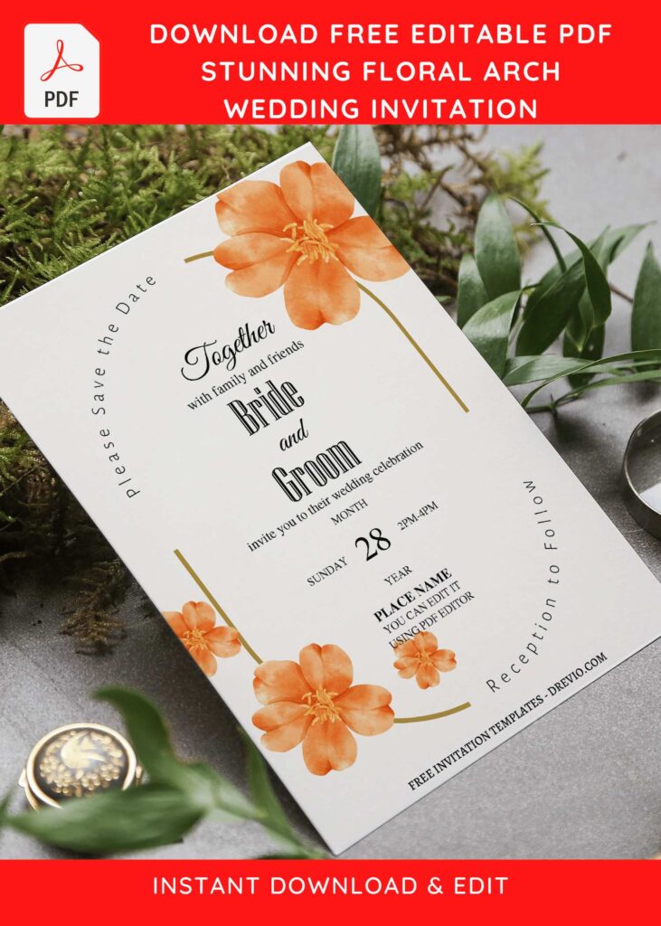 (Free Editable PDF) Autumn Floral Countryside Wedding Invitation Templates with gorgeous Hibiscus flower