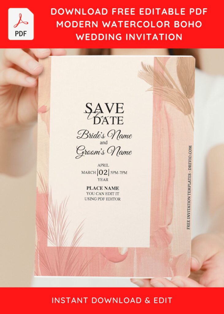 (Free Editable PDF) Modern Bohemian Greenery Wedding Invitation Templates with editable text