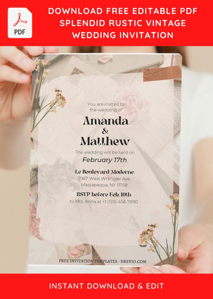 (Free Editable PDF) Splendid Rustic Wedding Invitation Templates with heather flowers