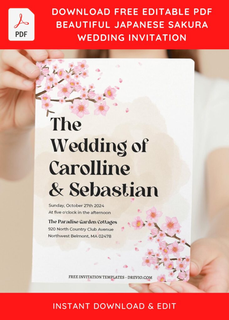 (Free Editable PDF) Chic Sakura Garden Soiree Wedding Invitation Templates  with beautiful hand drawn Sakura