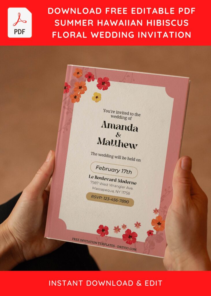 (Free Editable PDF) Watercolor Hibiscus Summer Wedding Invitation Templates with portrait orientation design