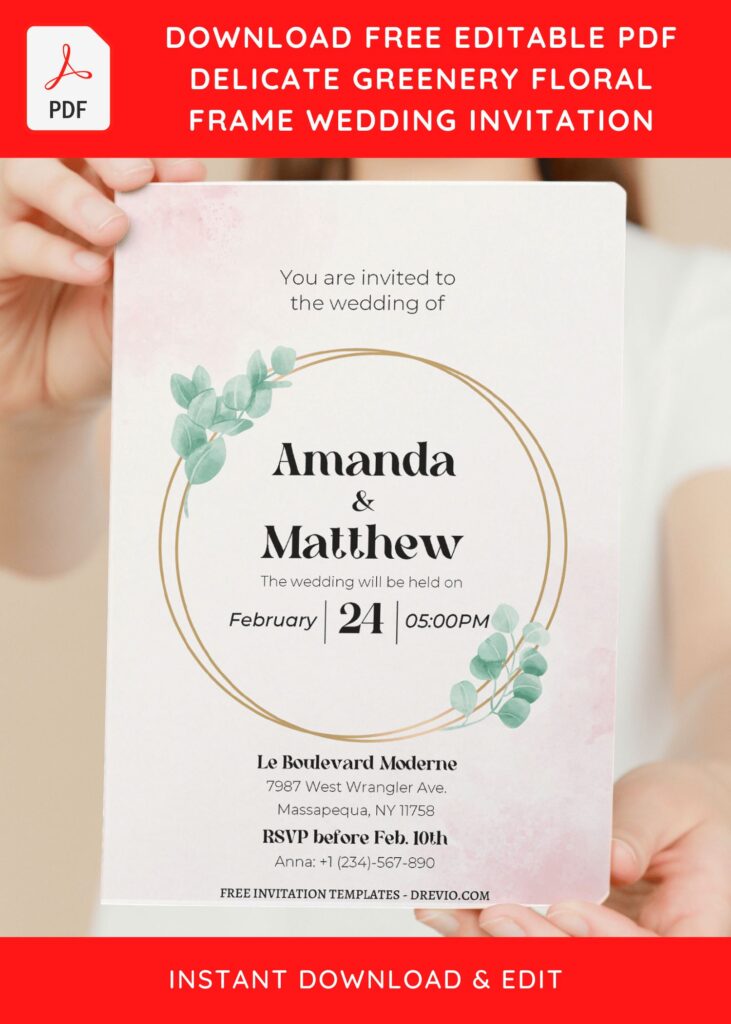 Invitation Template of (Free Editable PDF) Delicate Greenery Gold Frame Wedding Invitation Templates 5