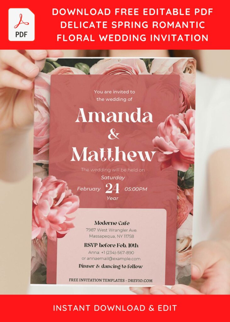(Free Editable PDF) Delicate Spring Romantic Wedding Invitation Templates with elegant font styles