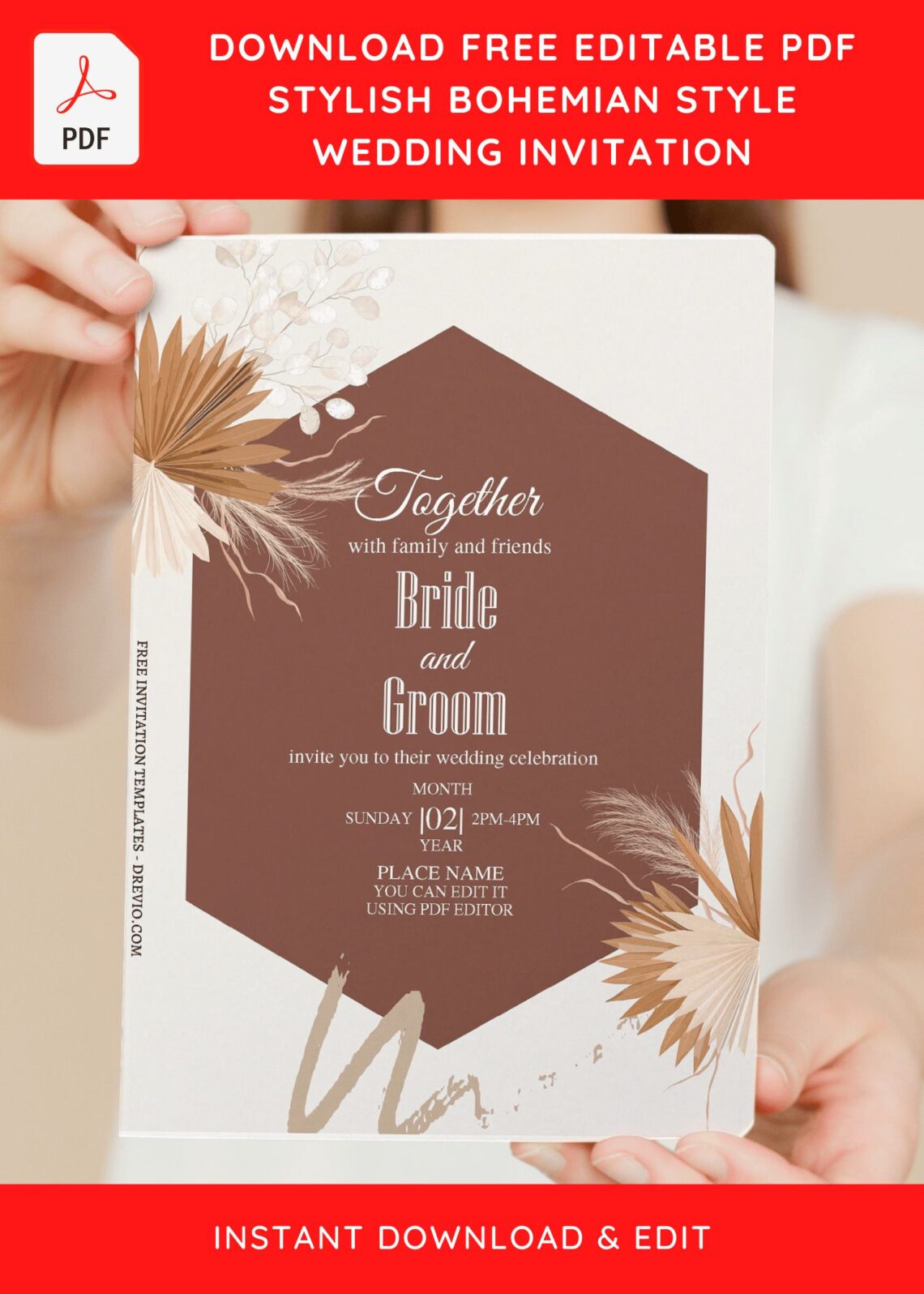(Free Editable PDF) Earthy Bohemian Style Wedding Invitation Templates with gorgeous Pampas grass