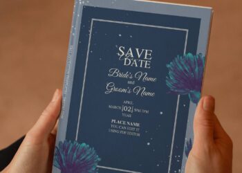 (Free Editable PDF) Dusty Dark Blue Floral Wedding Invitation Templates