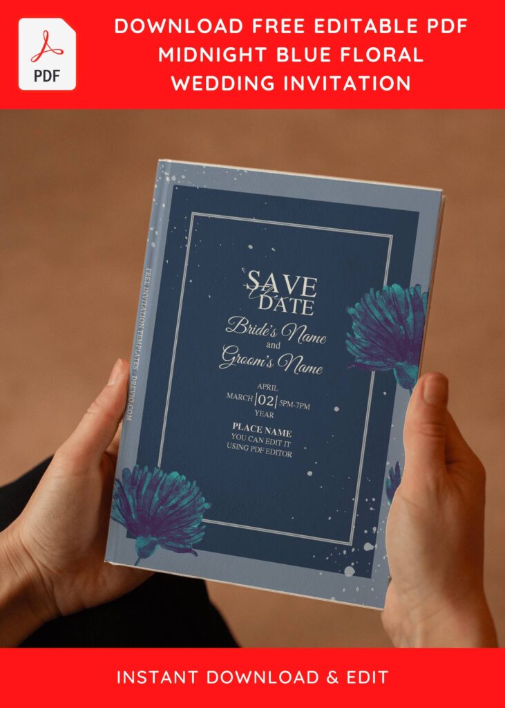 Invitation Template of (Free Editable PDF) Dusty Dark Blue Floral Wedding Invitation Templates 6