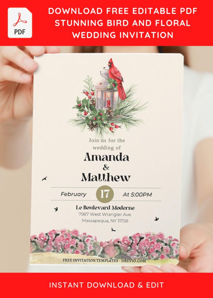 (Free Editable PDF) Rustic Bird Cage Floral Wedding Invitation Templates  with winter flower