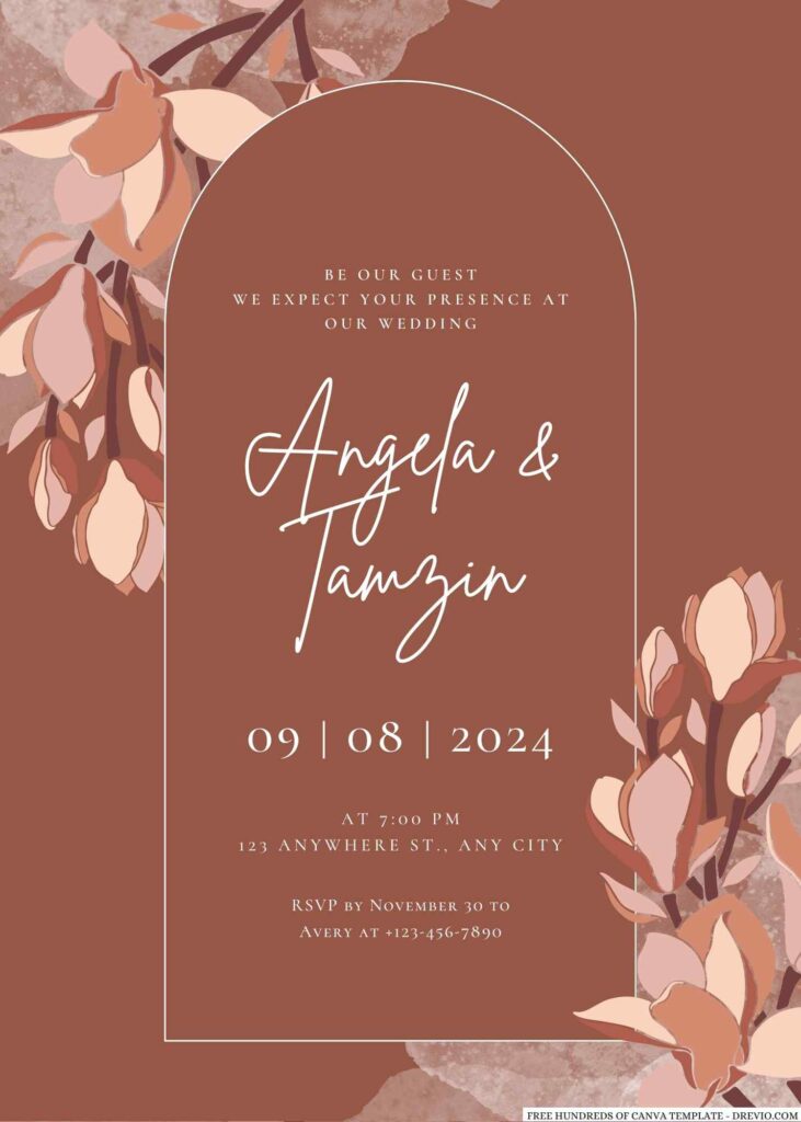 Free Editable Terracotta Magnolia Floral Wedding Invitation Templates