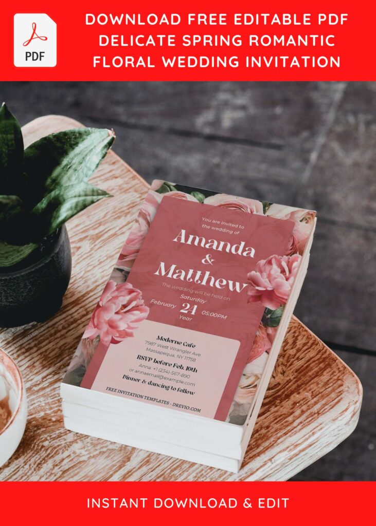(Free Editable PDF) Delicate Spring Romantic Wedding Invitation Templates with editable text