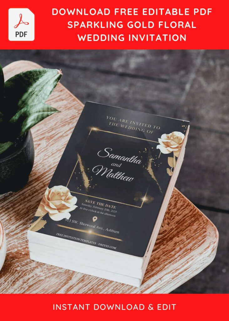 (Free Editable PDF) Stunning Floral & Gold Foil Wedding Invitation Templates with editable text