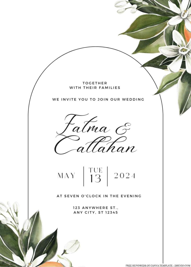 Free Editable Orange Blossom Watercolor Floral Wedding Invitation