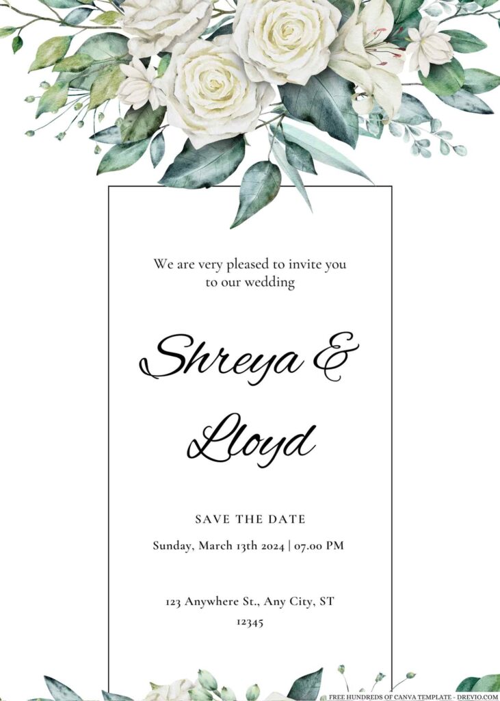 Free Editable Green Leaves White Roses Wedding Invitation