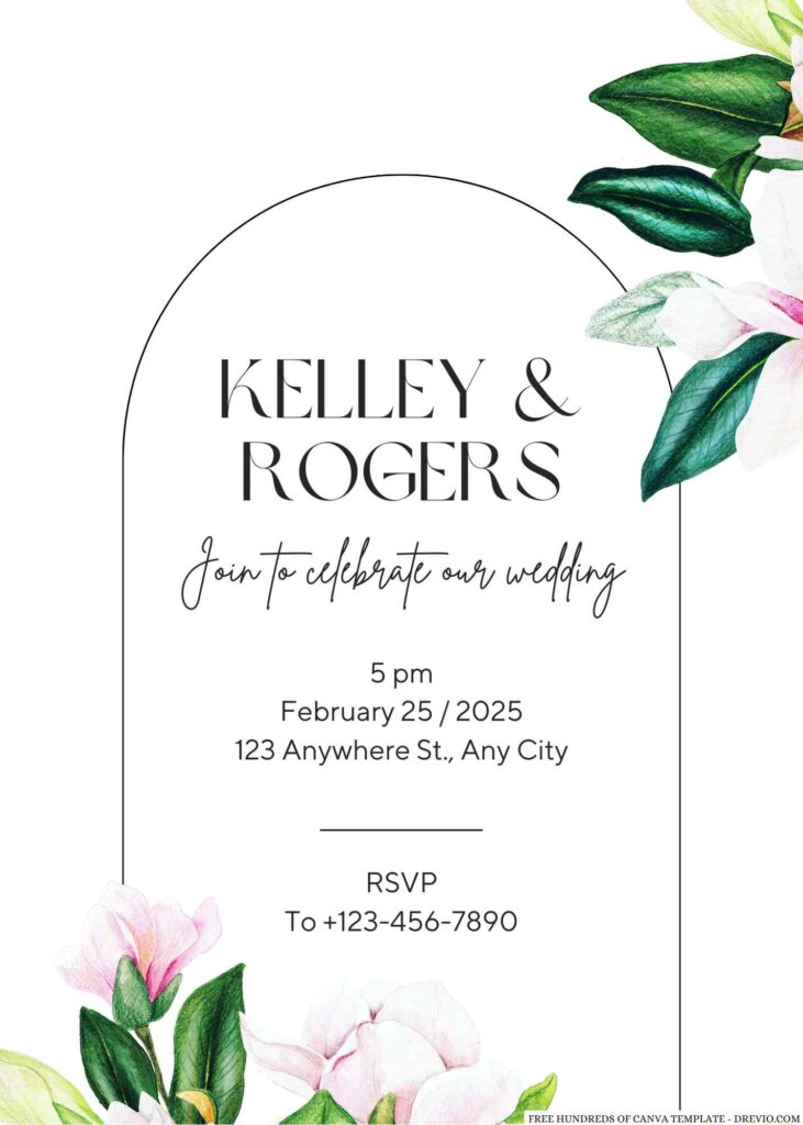 Free Editable Pink Magnolia Flower Wedding Invitation