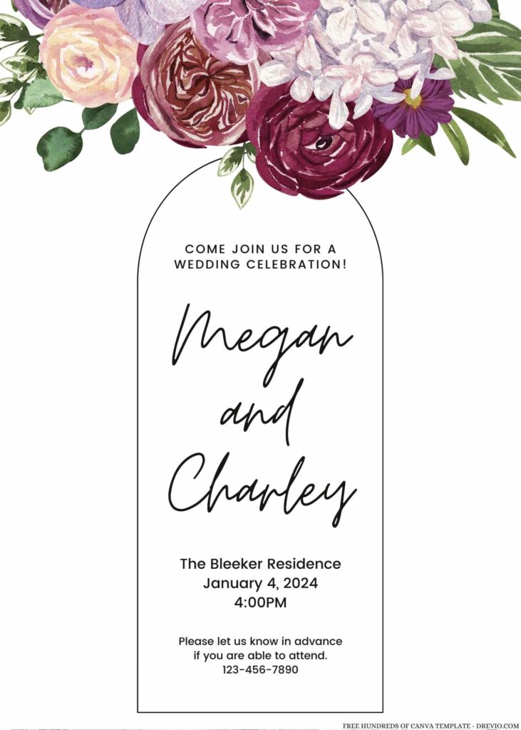 Free Editable Watercolor Purple Cream Floral Wedding Invitation
