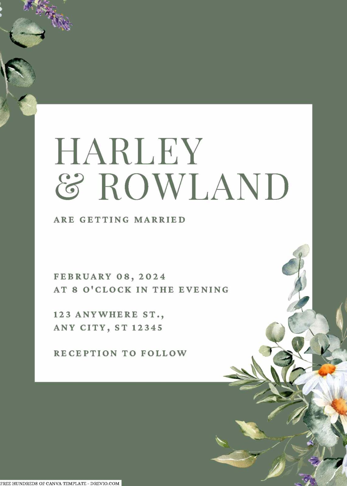 Free Editable Green Sage Watercolor Flower Wedding Invitation