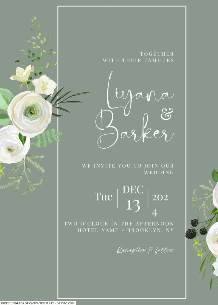 Invitation Template of 20+ Sage White Flower Bouquet Canva Wedding Invitation Templates 7