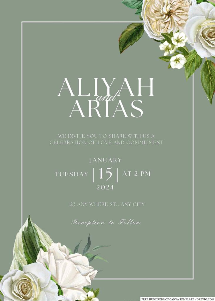 Invitation Template of 22+ Sage White Rose Bouquet Canva Wedding Invitation Templates 7