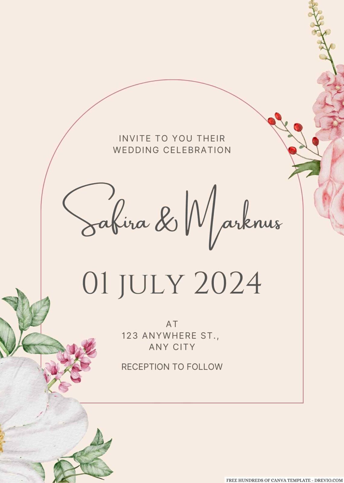 Free Editable Cream Pink White Flower Wedding Invitation