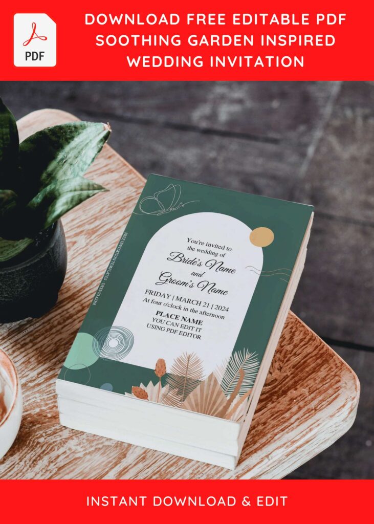 (Free Editable PDF) Soothing Garden Inspired Wedding Invitation Templates with dark sage green background