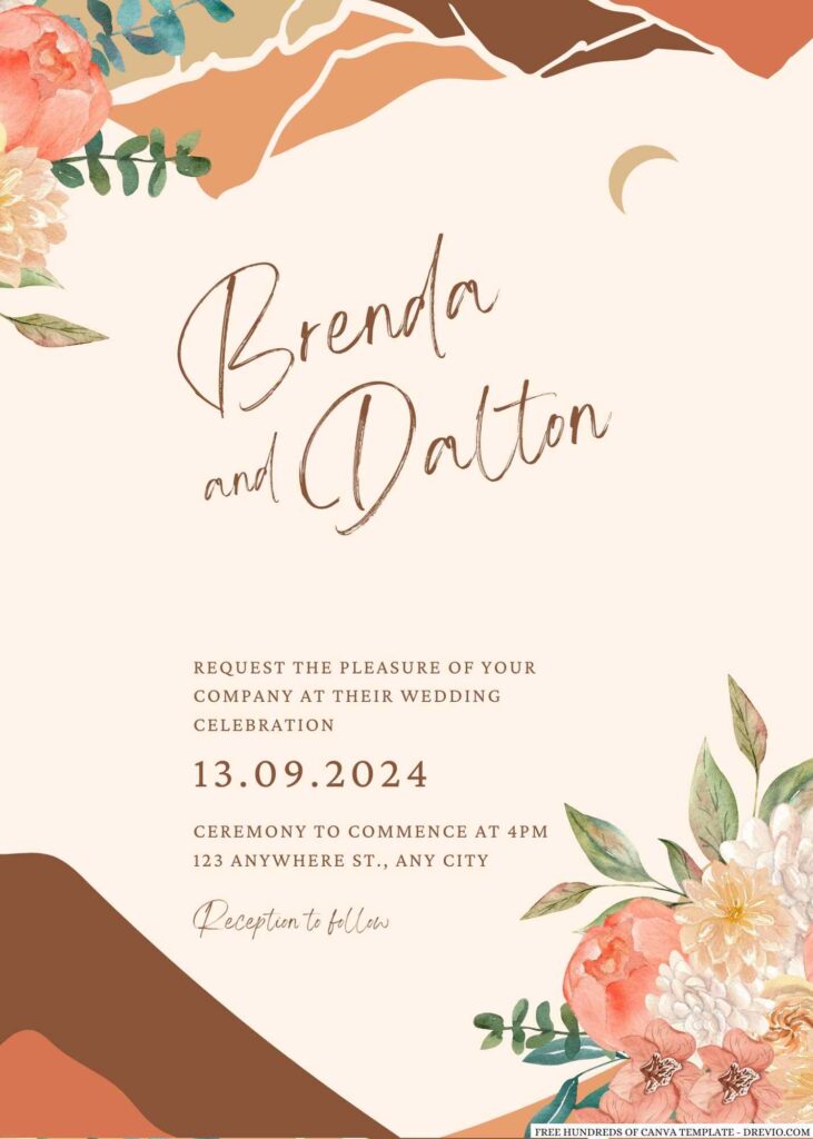 Free Editable Terracotta Chrysanthemum Floral Wedding Invitation