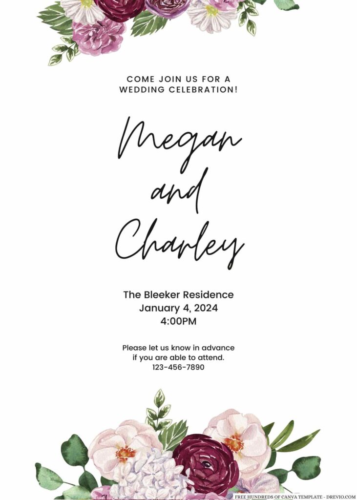 Free Editable Watercolor Purple Cream Floral Wedding Invitation