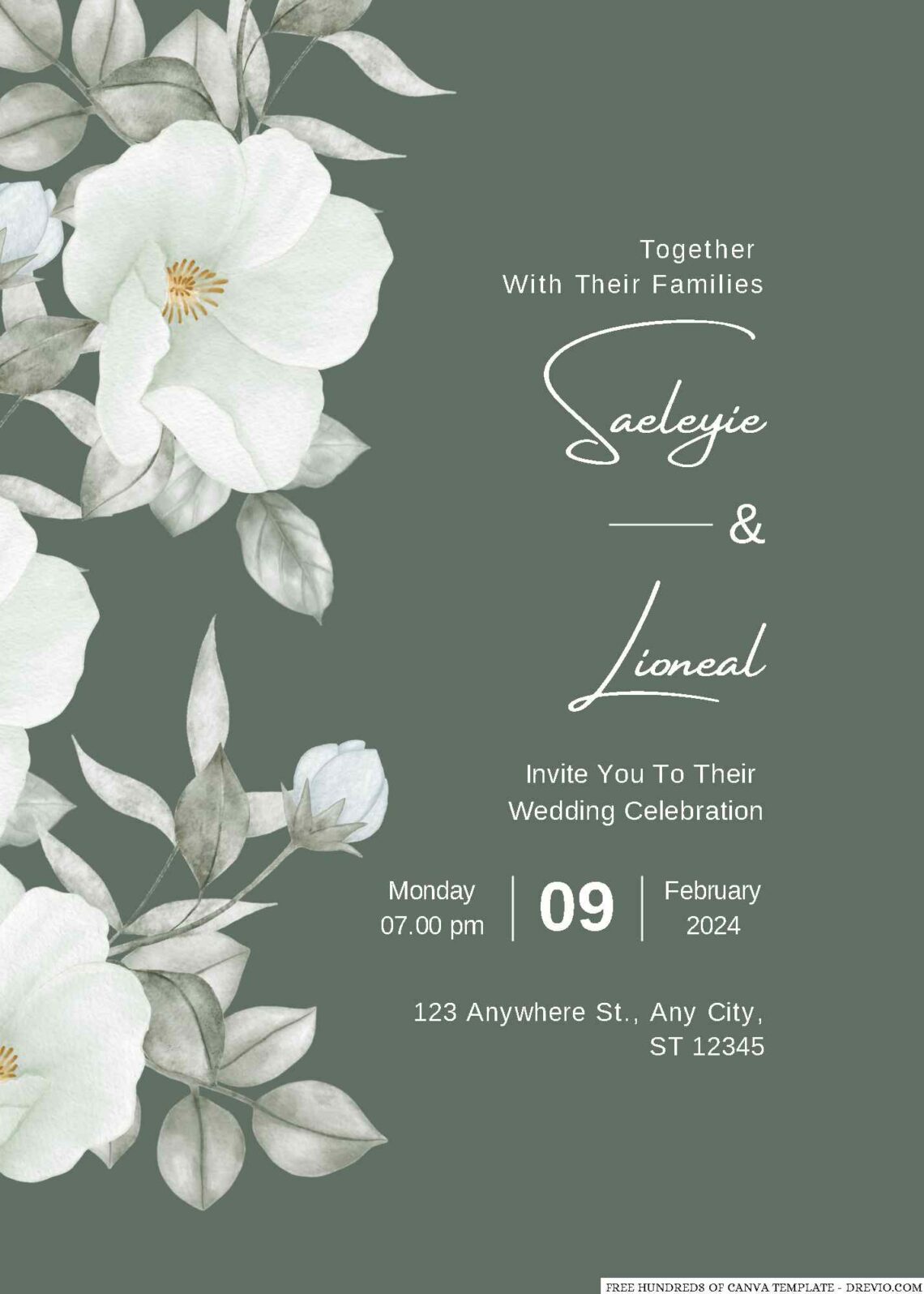 Free Editable Sage Green and White Floral Wedding Invitation