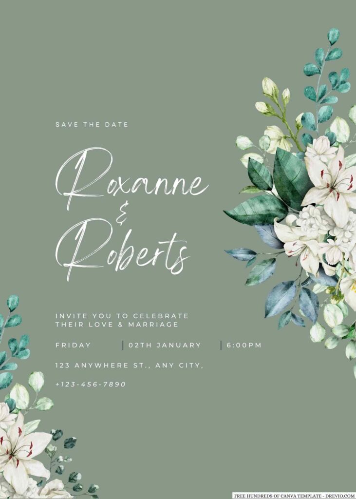 Invitation Template of 16+ Sage White Roses and Leaves Canva Wedding Invitation Templates 9