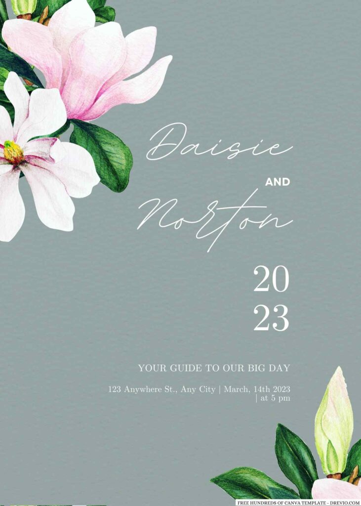 Free Editable Sage Watercolor Magnolia Flower Wedding Invitation