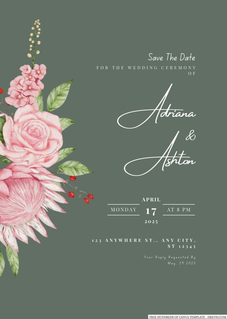 Free Editable Sage Pink White Flower Bouquet Wedding Invitation