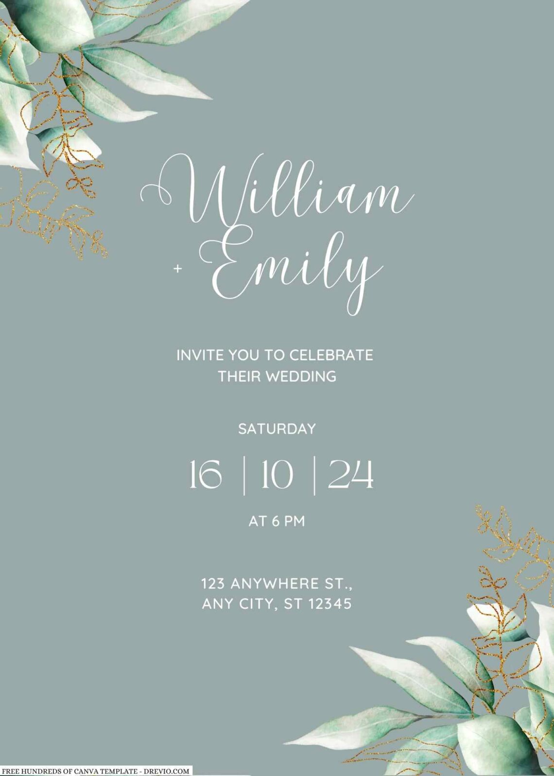Free Editable Sage Greenery Leaves Wedding Invitation